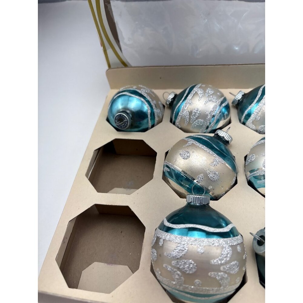 Shiny Brite Vintage Glass Ornaments Teal & Silver Glitter 10-Piece Set Christmas - Picture 5 of 14